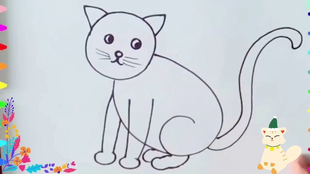 Hình vẽ con mèo đáng yêu với đuôi cong và ria mép