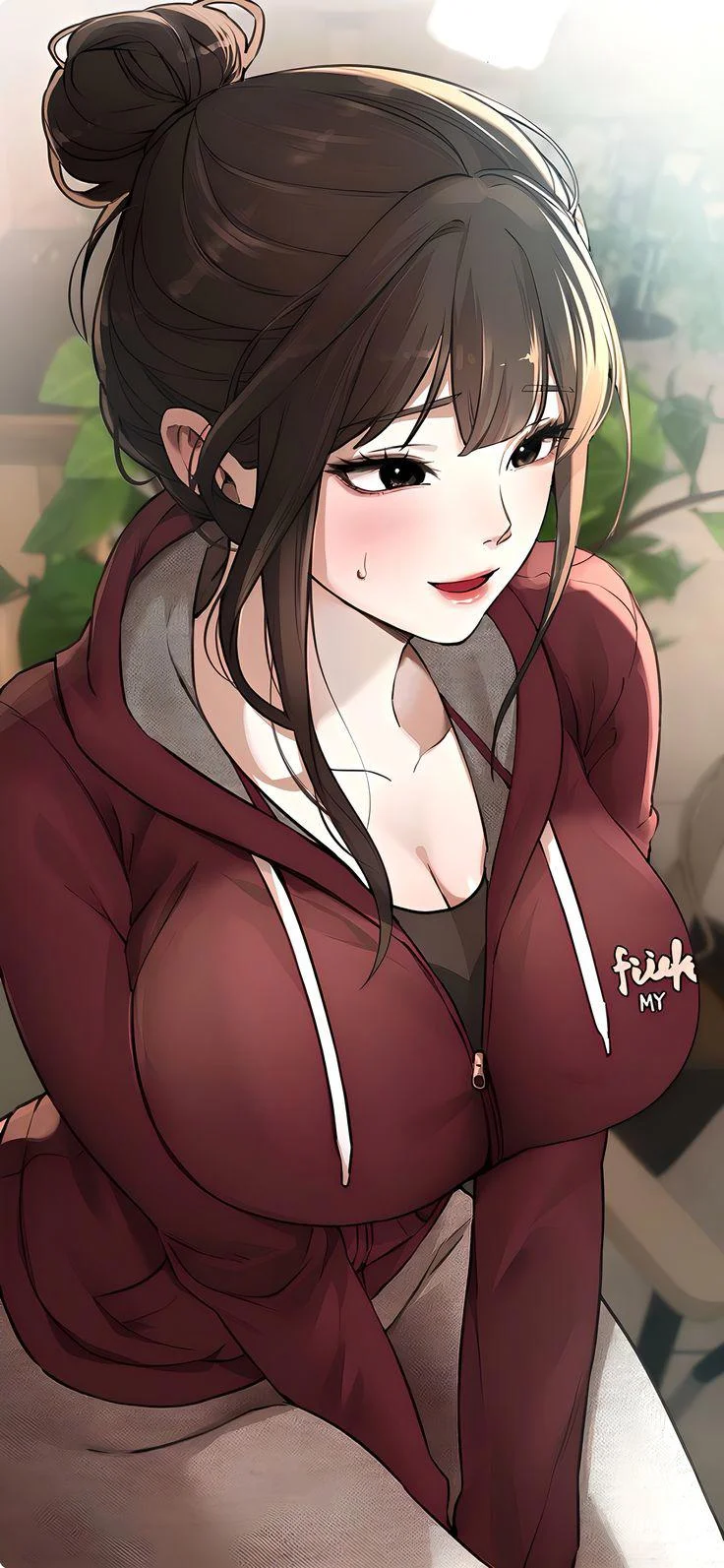Nhân vật nữ phong cách hentai hàn quốc với áo hoodie màu đỏ đô