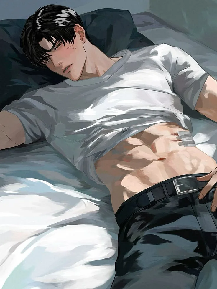 Hình ảnh minh họa nam giới phong cách hentai hàn quốc với cơ bụng săn chắc trên giường.