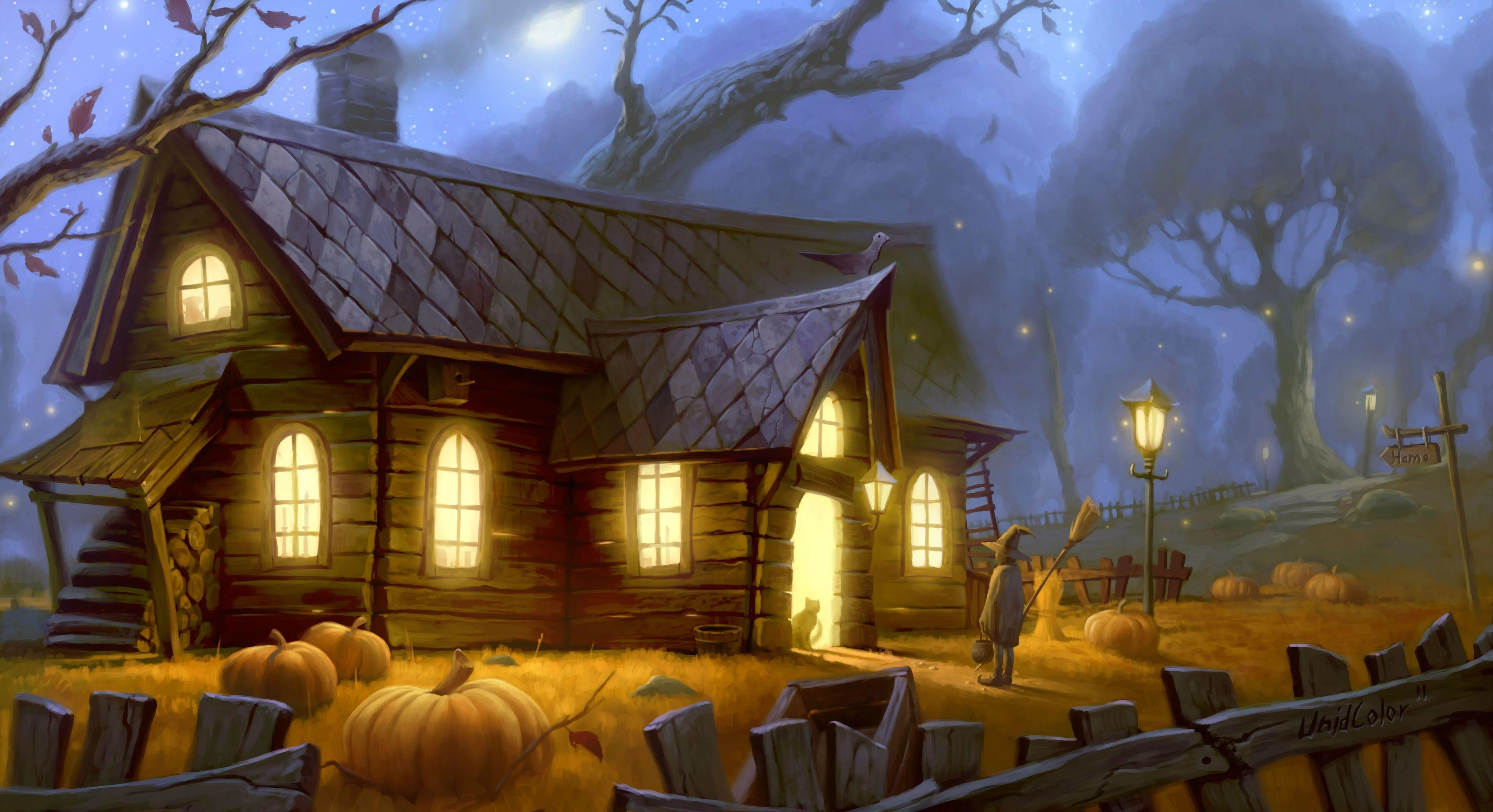 Ngôi nhà cổ với vườn bí ngô đêm Halloween