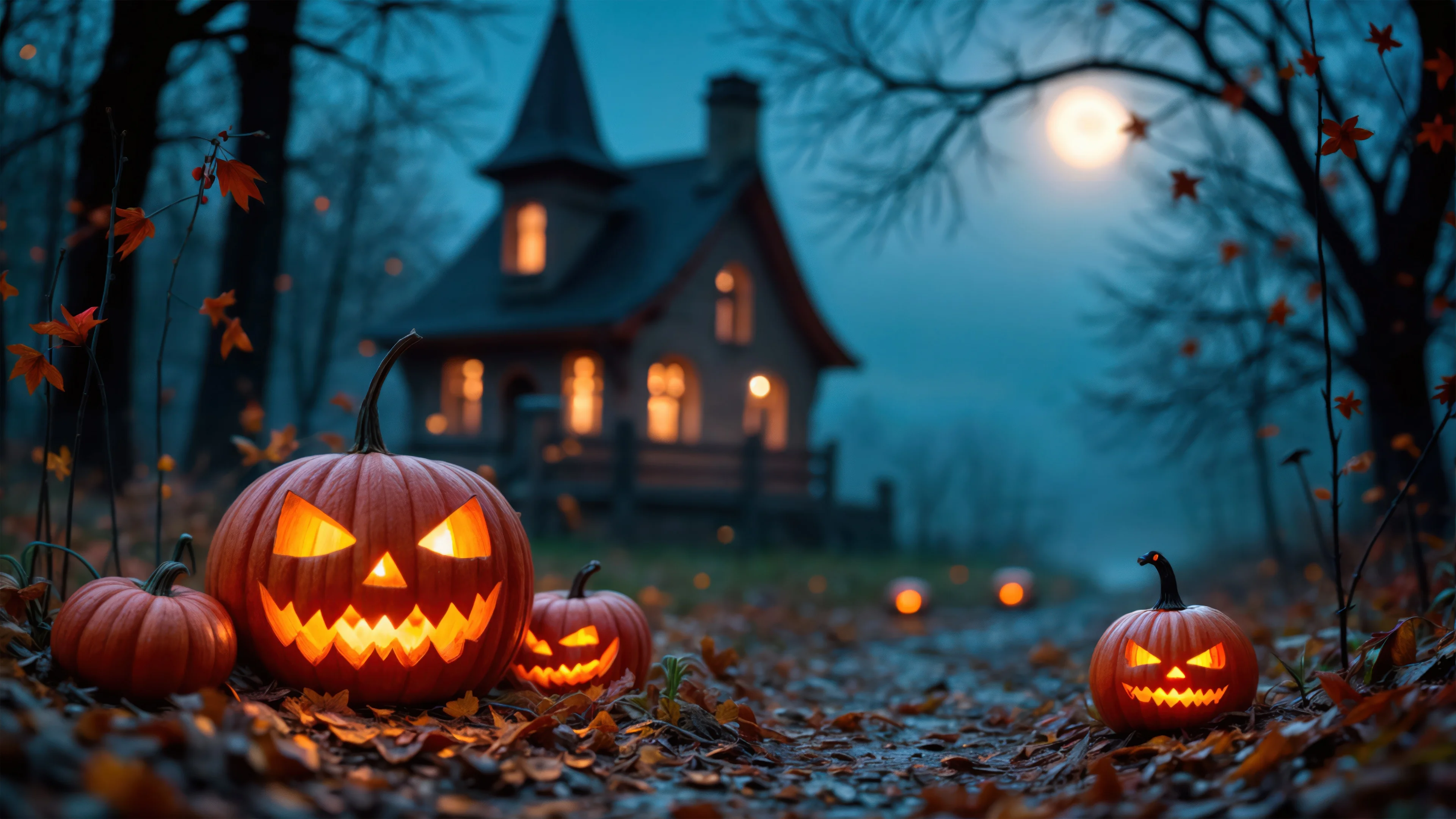Ngôi nhà ma quái với bí ngô đêm Halloween