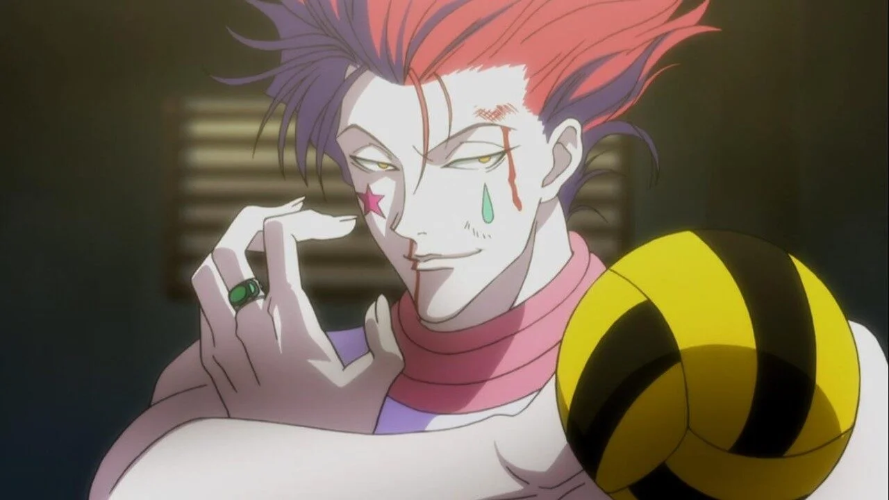 Hình nền máy tính chill Hisoka anime bên quả bóng vàng