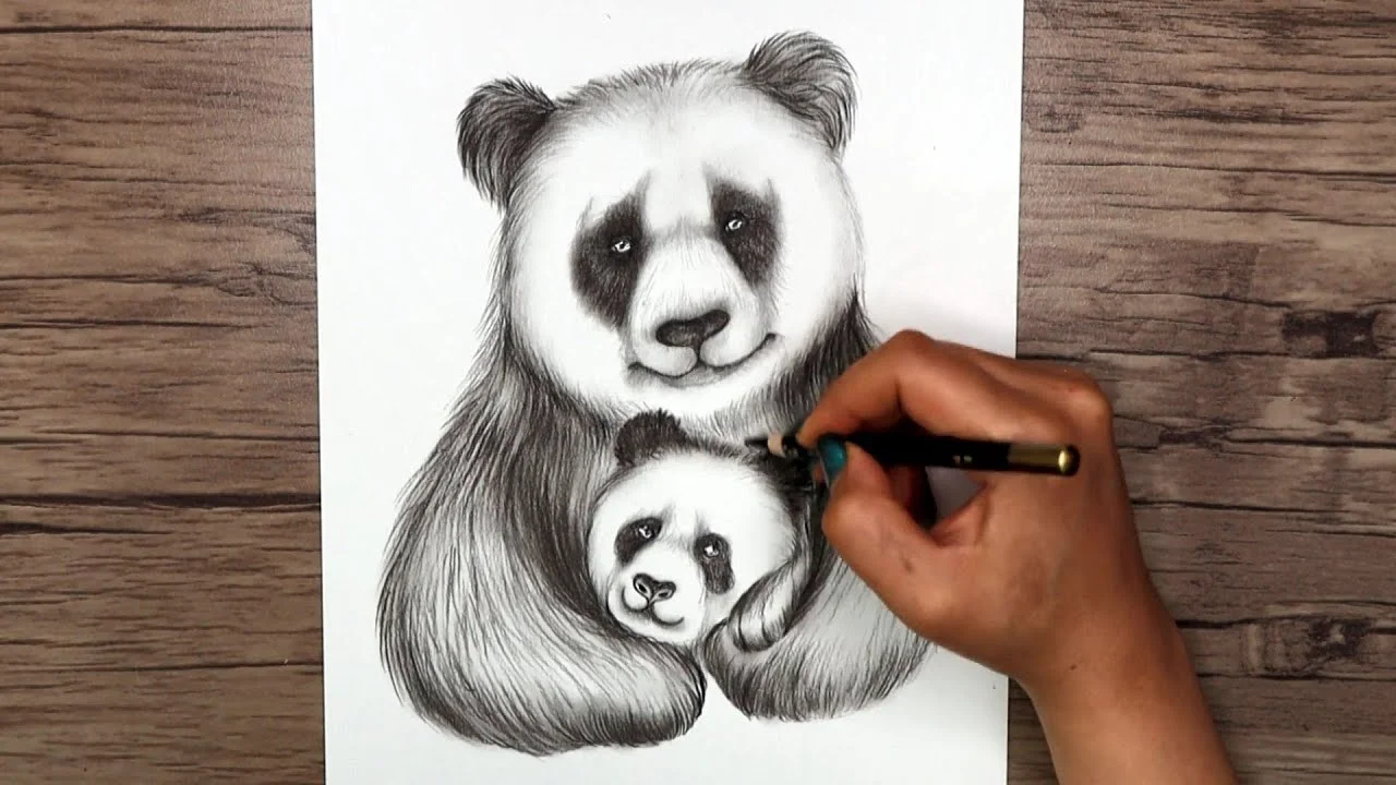 Hình nền máy tính chill vẽ tay gấu trúc mẹ và con trên nền gỗ