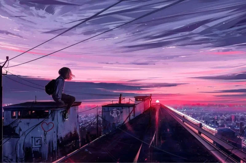 Hình nền máy tính chill cô gái ngồi trên sân thượng ngắm thành phố lúc hoàng hôn