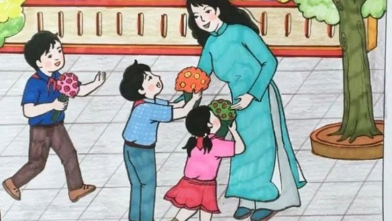 Tranh vẽ học sinh đang tặng hoa cho giáo viên nhân ngày 20/11. (Nguồn Internet)
