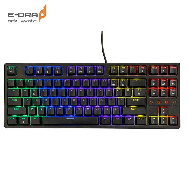 Ảnh bàn phím cơ gaming RGB màu đen có đèn nền đổi màu cầu vồng, thiết kế hiện đại phù hợp game thủ và dân văn phòng