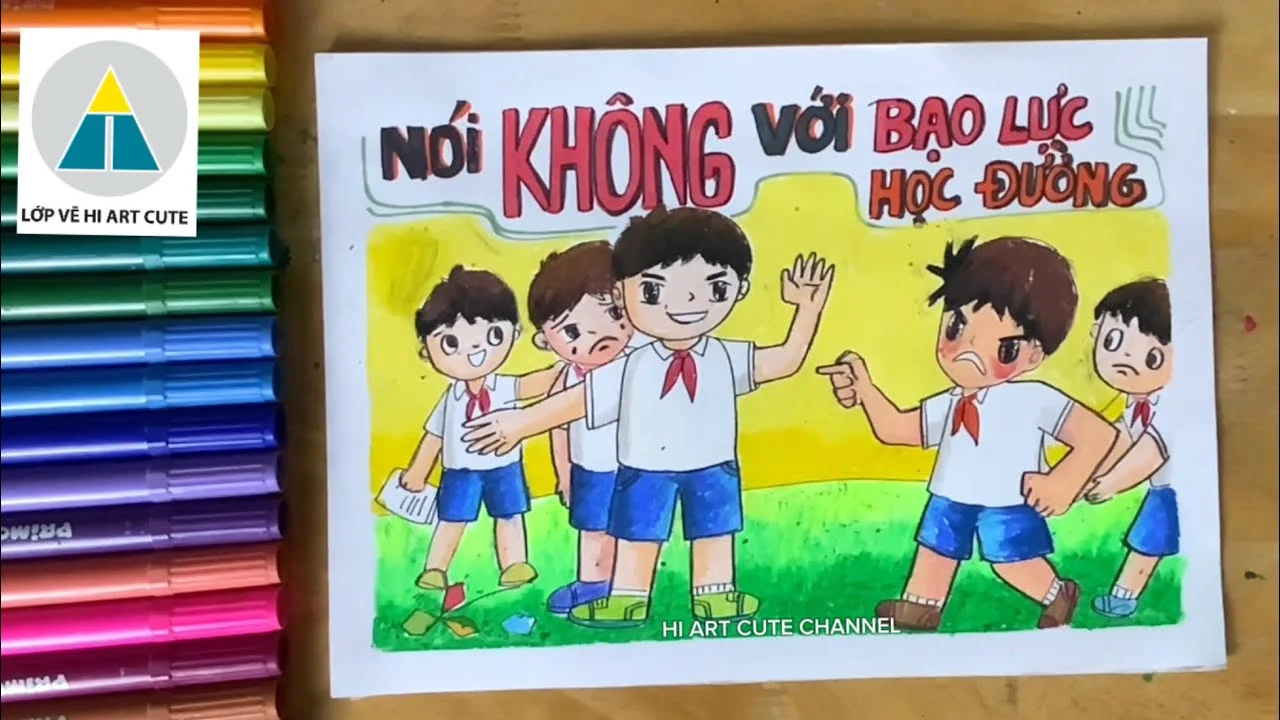 Hướng dẫn vẽ tranh phòng chống BẠO LỰC HỌC ĐƯỜNG | Vẽ tranh ngôi trường thân thiện