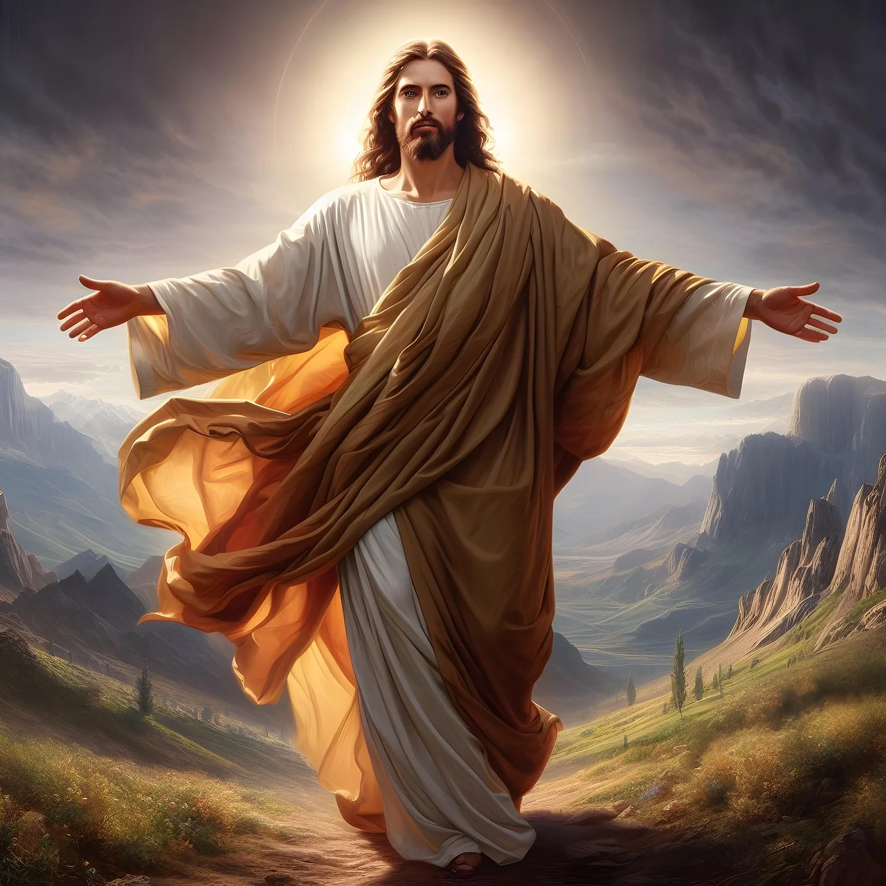 Chúa Jesus dang rộng đôi tay giữa núi non và ánh sáng trời
