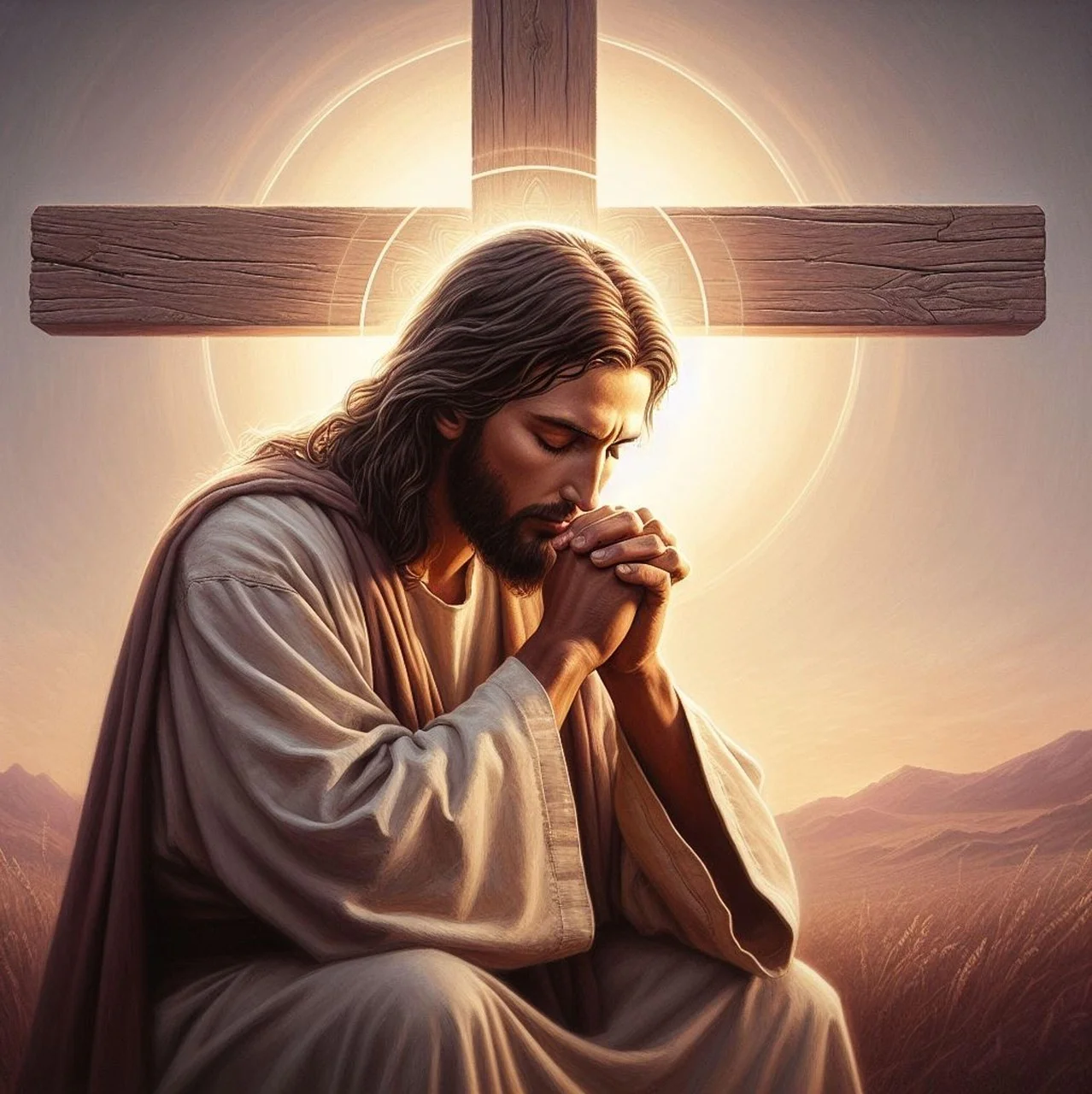 Chúa Jesus quỳ cầu nguyện trước cây thánh giá giữa khung cảnh hoàng hôn