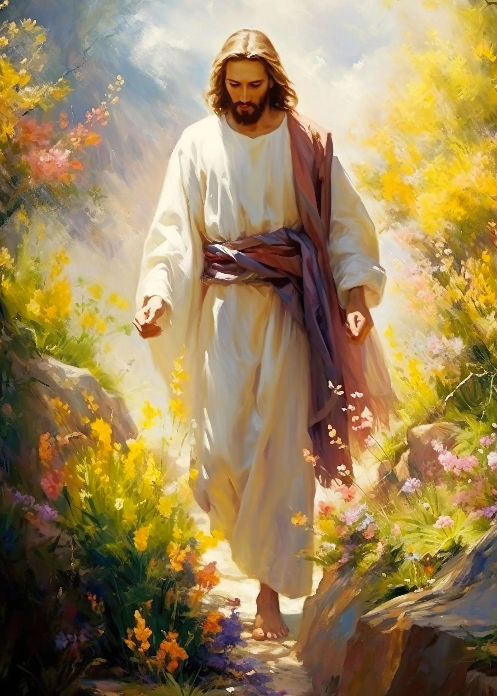 Chúa Jesus bước đi giữa vườn hoa rực rỡ dưới ánh nắng dịu dàng