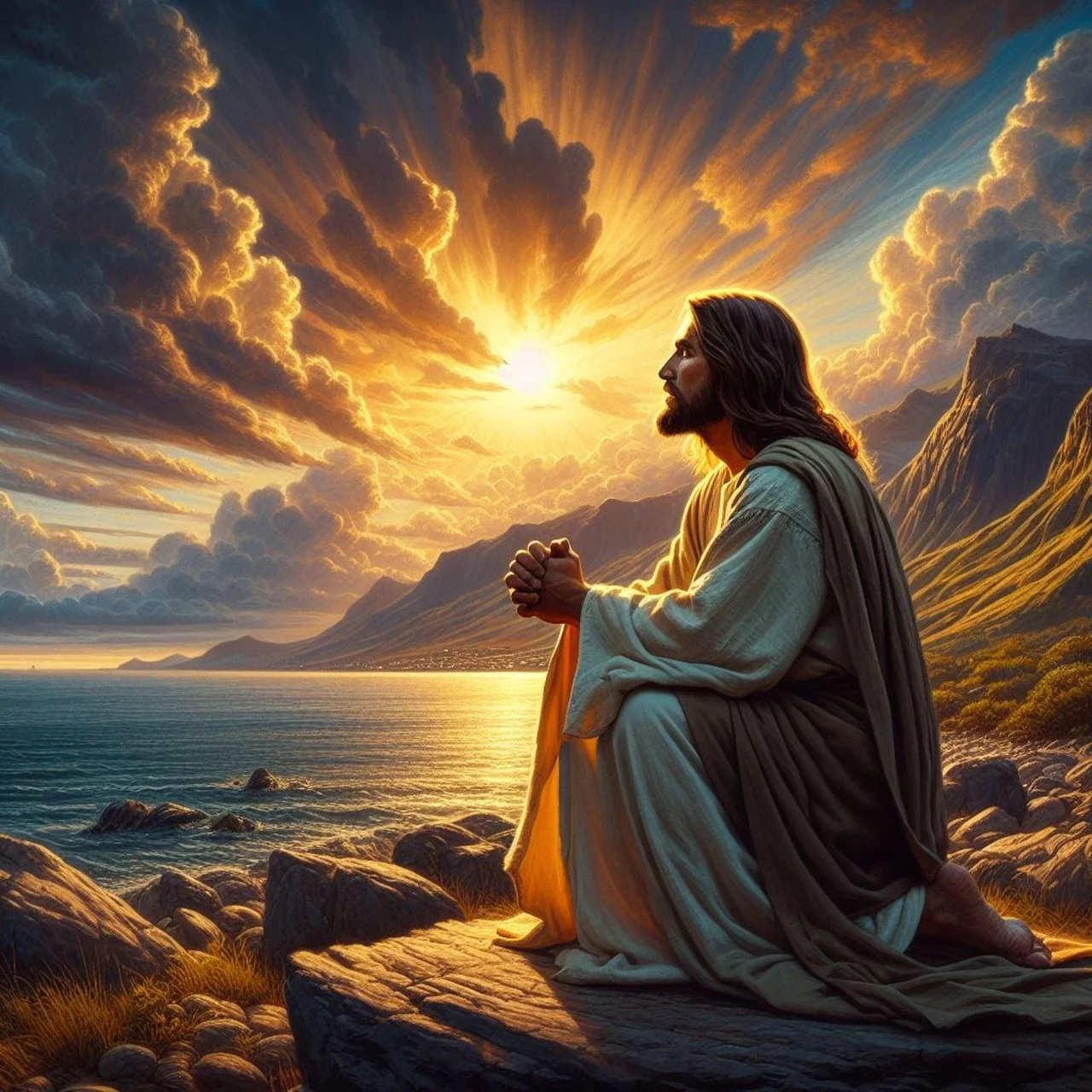 Chúa Jesus quỳ cầu nguyện bên bờ biển dưới bầu trời hoàng hôn rực sáng