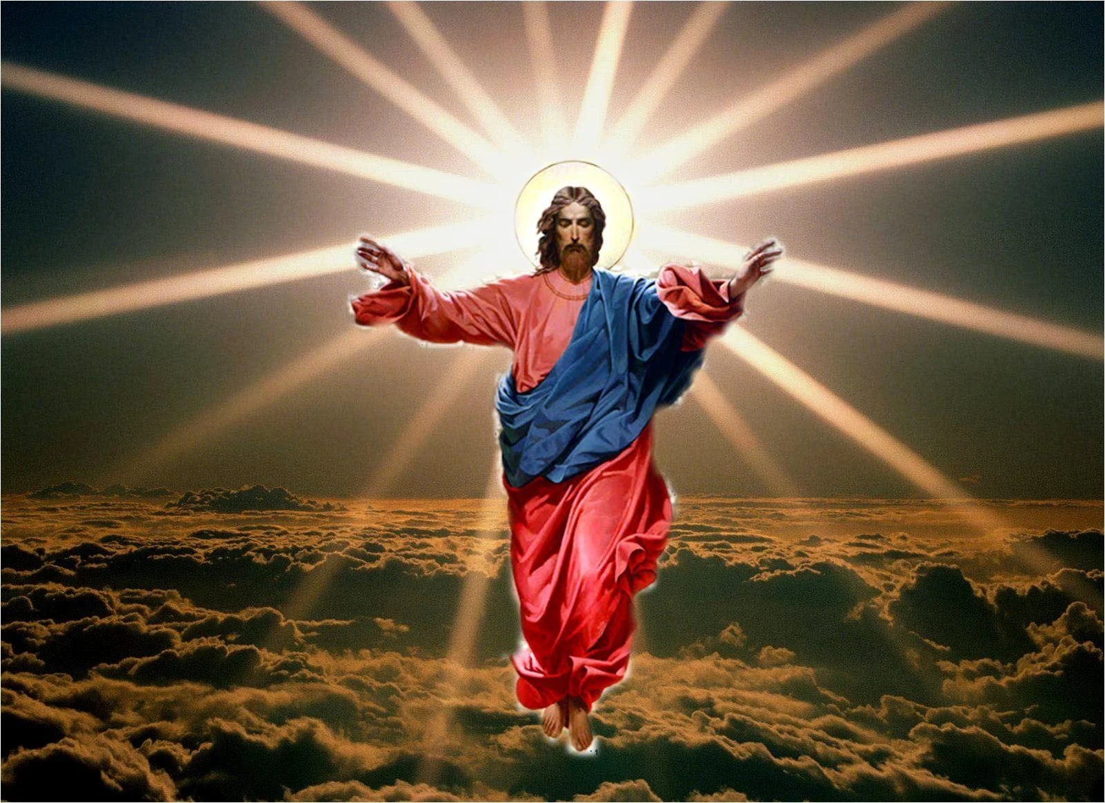 Chúa Jesus dang tay giữa những tầng mây với các tia sáng tỏa rạng