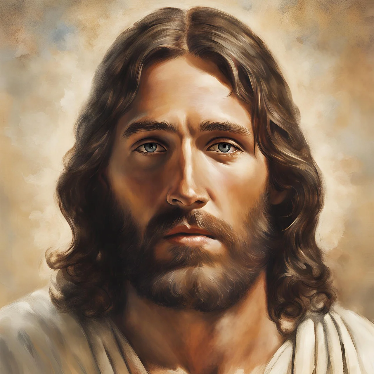 Ảnh avatar FB chân dung nghệ thuật mô phỏng Chúa Jesus với mái tóc dài, bộ râu và nền mây màu vàng ấm