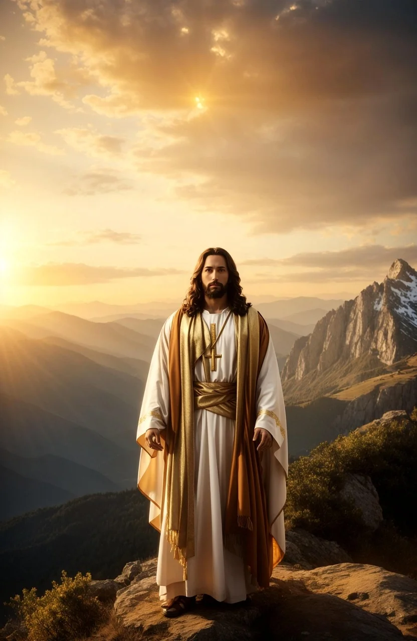 Chúa Jesus đứng giữa khung cảnh mây trời vàng rực lúc bình minh