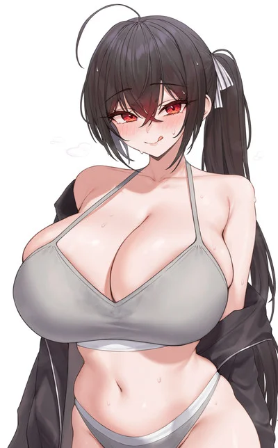 Anime girl with black ponytail and red eyes wearing grey bikini top