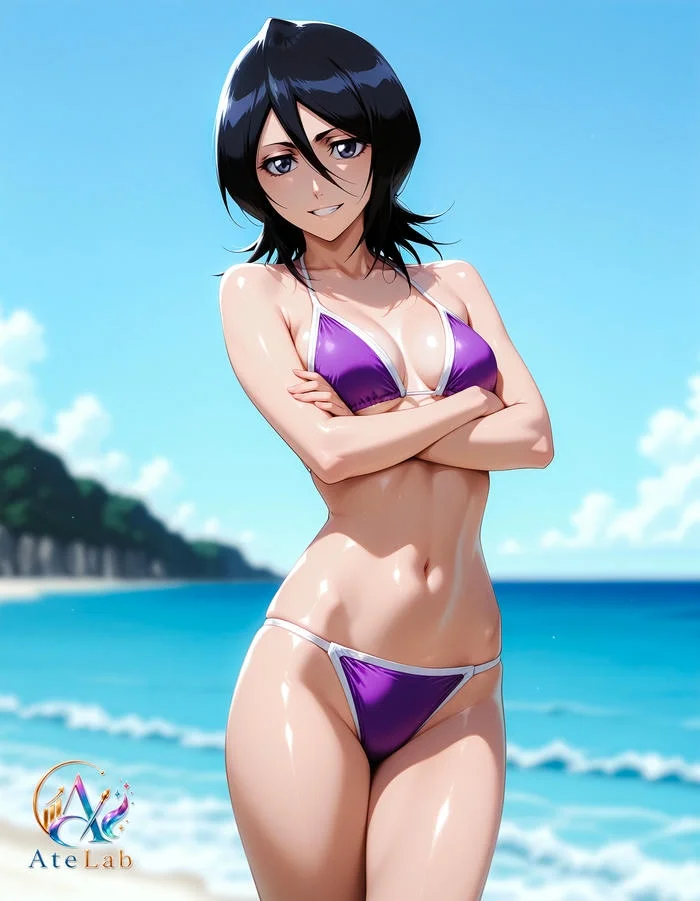 Hình ảnh anime cô gái mặc bikini màu tím trên bãi biển biển đá.