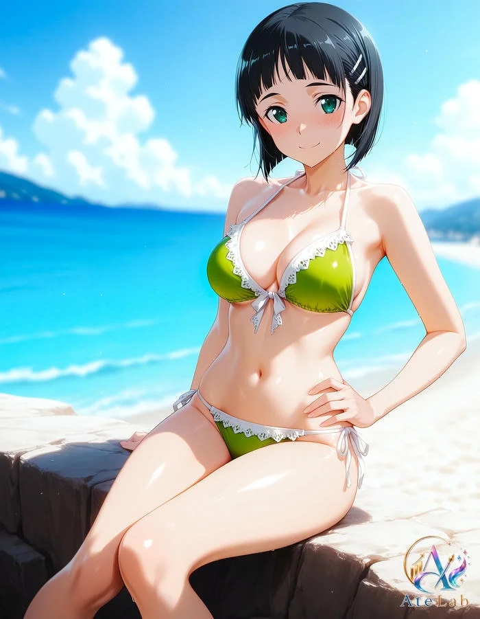Hình ảnh cô gái anime mặc bikini, sex anime ảnh phong cách mùa hè trên bãi biển.