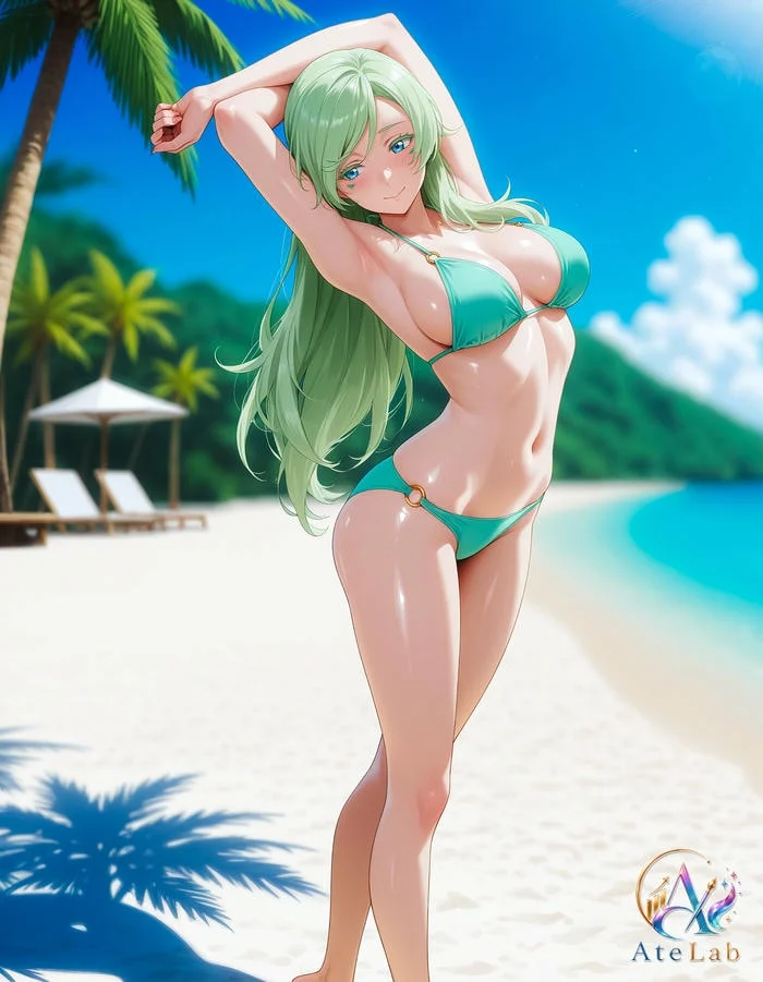 Hình ảnh anime cô gái mặc bikini xanh trên bãi biển nhiệt đới với cây cau.
