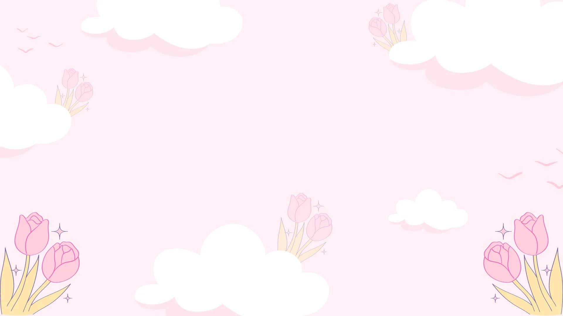 Hình nền PowerPoint đẹp màu hồng pastel với mây trắng và hoa ở góc