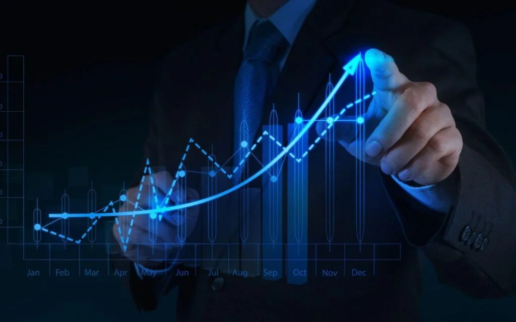Hình nền PowerPoint doanh nghiệp với biểu đồ tăng trưởng phát sáng màu xanh