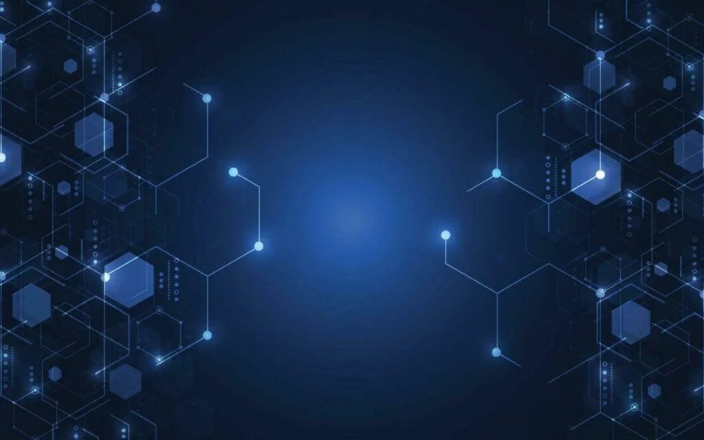 Hình nền PowerPoint đẹp xanh đậm với mạng lưới lục giác phát sáng