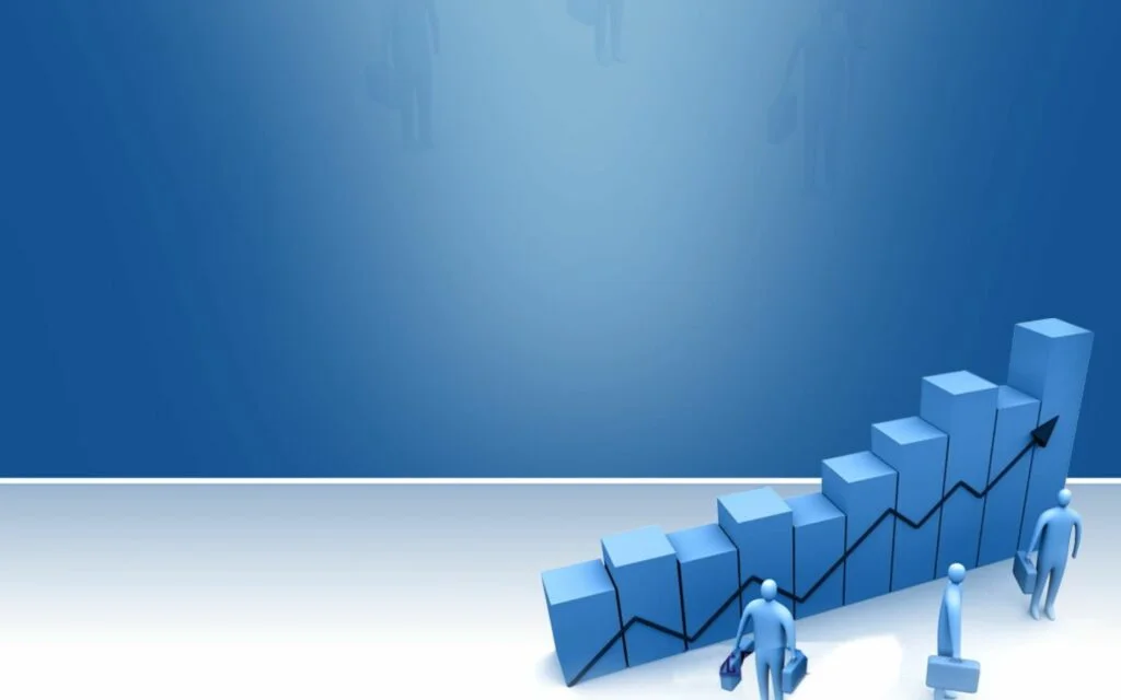 Hình nền PowerPoint màu xanh với biểu đồ cột tăng trưởng và nhân vật 3D