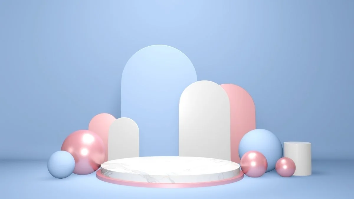 Hình nền PowerPoint 3D màu xanh với sân khấu và bóng trang trí pastel