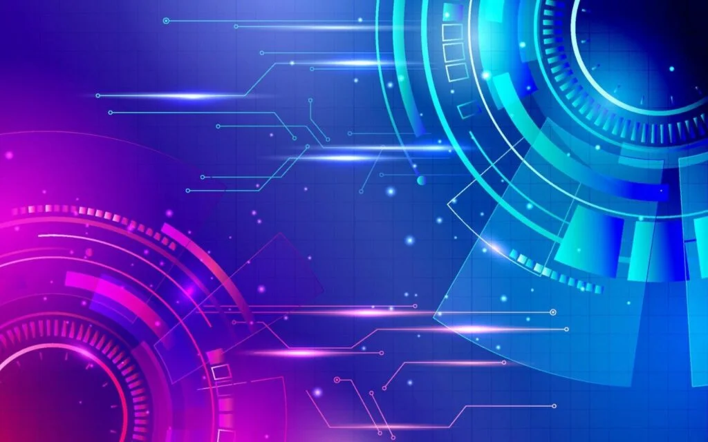 Hình nền PowerPoint đẹp công nghệ neon xanh tím với mạch điện và vòng tròn phát sáng