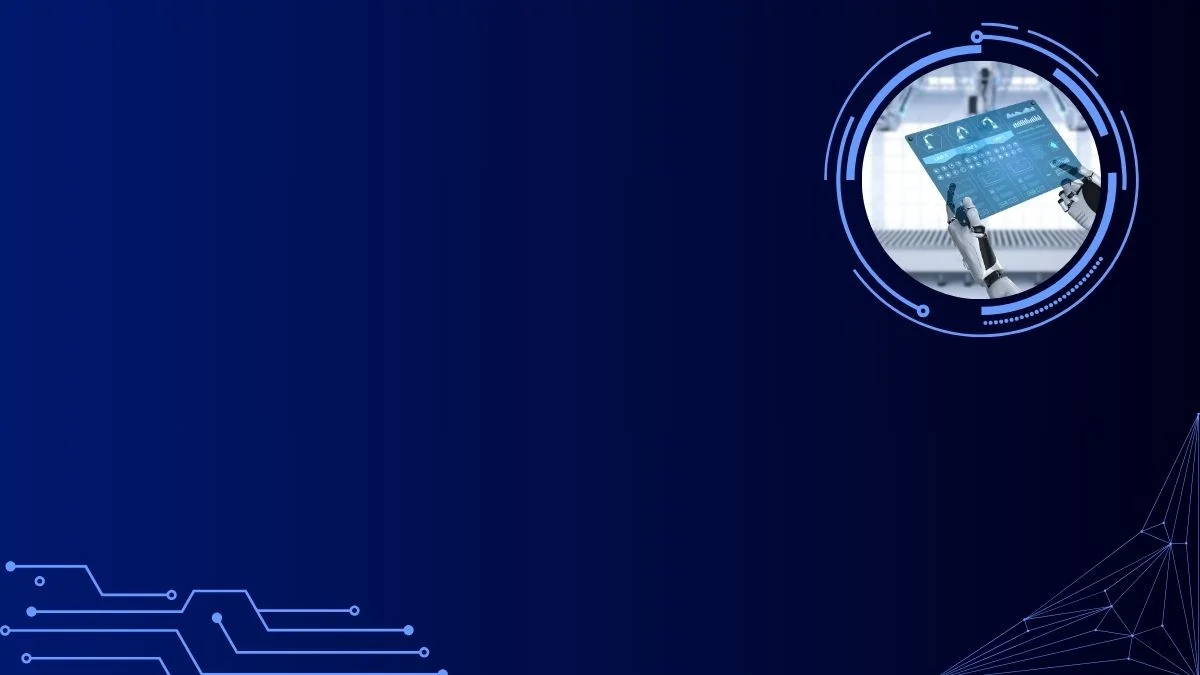 Hình nền PowerPoint đẹp màu xanh navy với họa tiết công nghệ và vòng tròn hình ảnh