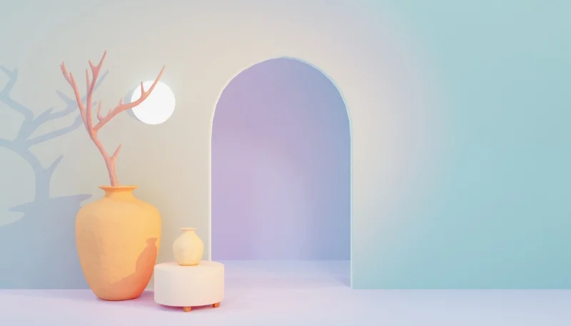 Hình nền PowerPoint pastel tối giản với bình gốm, nến và cổng vòm