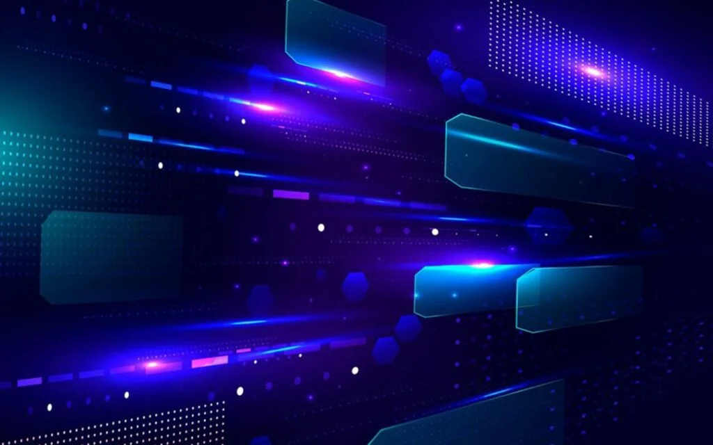 Hình nền PowerPoint công nghệ màu xanh tím với các khối sáng chuyển động