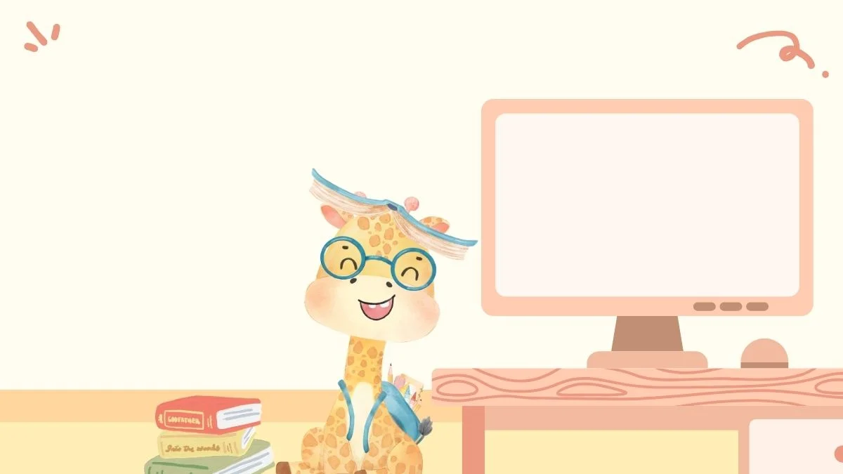 Nền PowerPoint minh họa nhân vật hoạt hình bên máy tính và sách