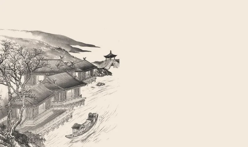 Nền PowerPoint phong cảnh cổ điển với nhà gỗ và núi non