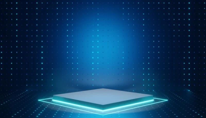 Nền PowerPoint công nghệ màu xanh với sàn phát sáng và nền chấm