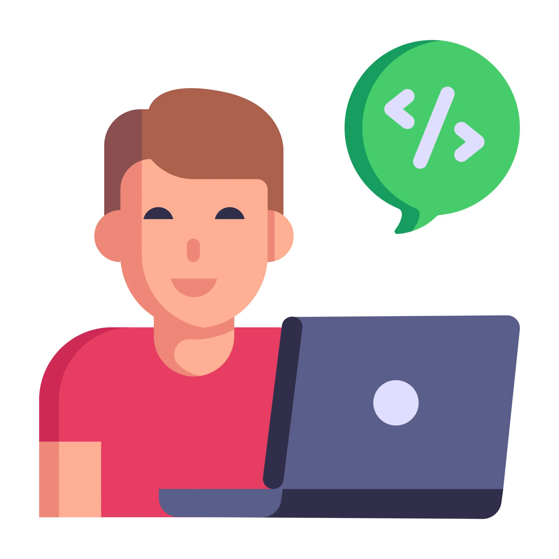 Tranh áp phích minh họa lập trình viên vui vẻ làm việc trên máy tính xách tay với biểu tượng mã code