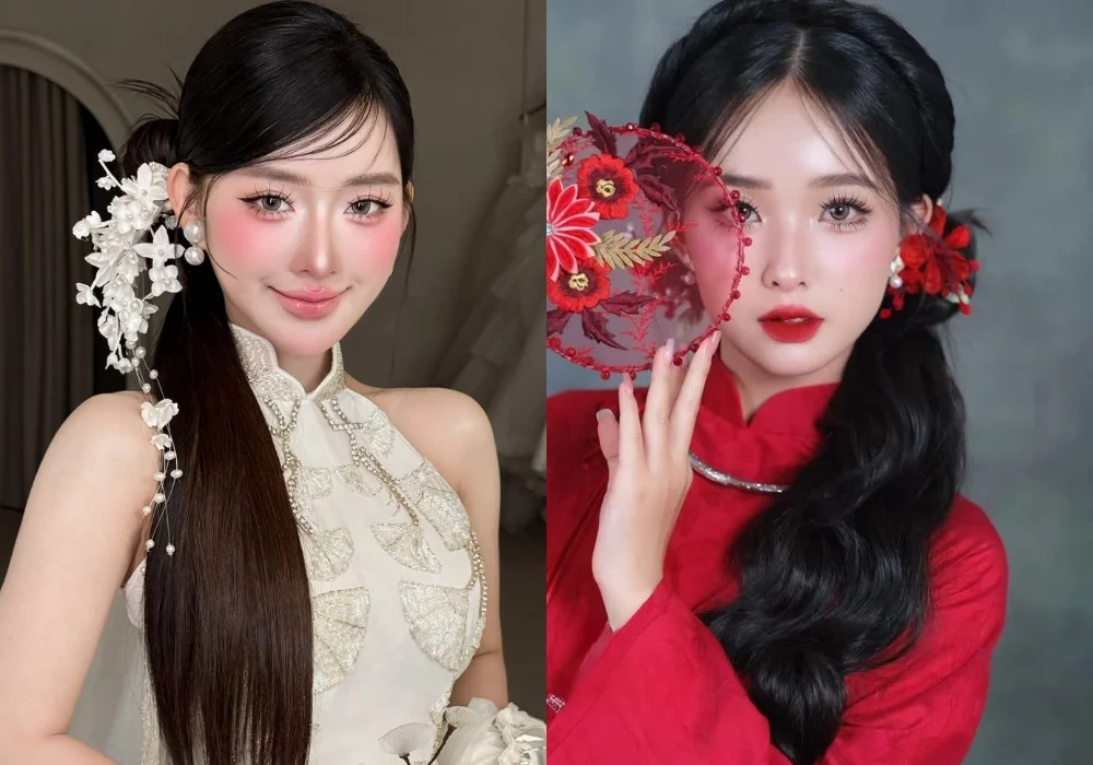 Kiểu tóc đuôi ngựa thấp cho cô dâu mặt tròn