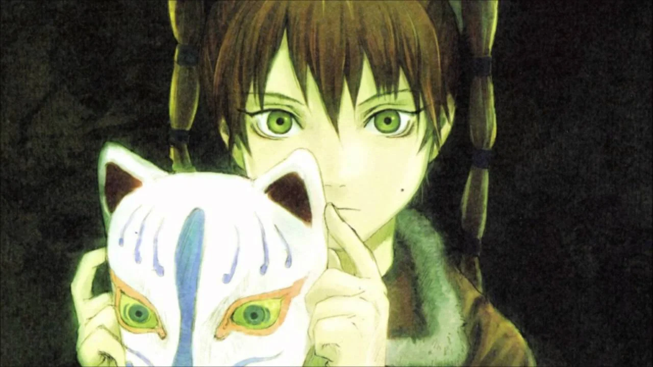 Hình đại diện anime nhân vật mắt xanh cầm mặt nạ cáo kitsune trong khung cảnh bí ẩn