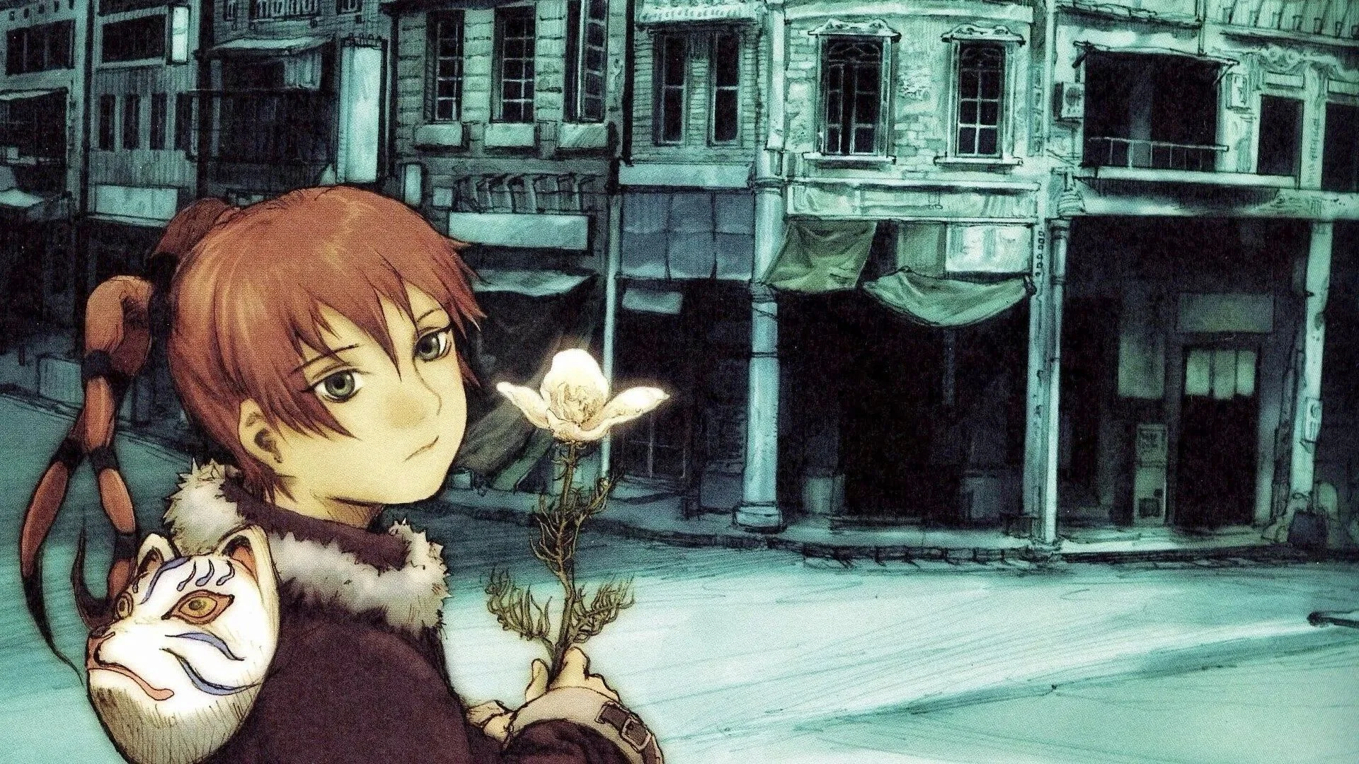 Hình đại diện anime nam tóc nâu đỏ cầm hoa và đeo mặt nạ hồ ly giữa con phố cổ vắng vẻ