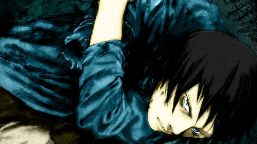 Hình đại diện anime nhân vật tóc đen nằm nghiêng với đôi mắt xanh nổi bật trên nền xanh tối