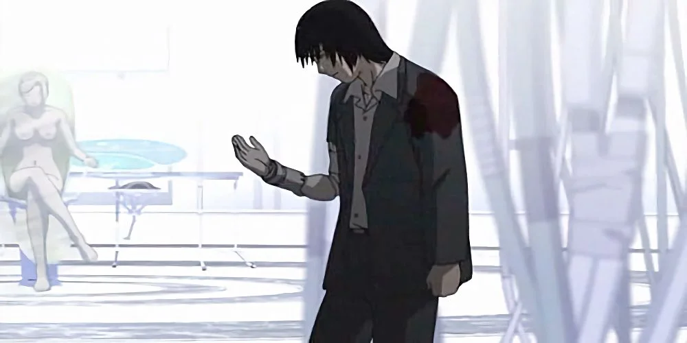 Hình đại diện anime nam tóc đen mặc áo tối màu đứng trong phòng thí nghiệm sáng với không khí u tối và bí ẩn