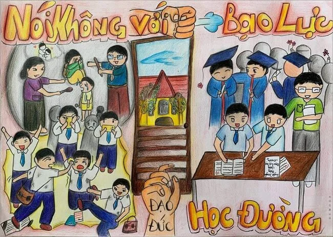 Mẫu tranh vẽ phòng ngừa bạo lực học đường đẹp mới năm 2024 cho học sinh tiểu học tham khảo?