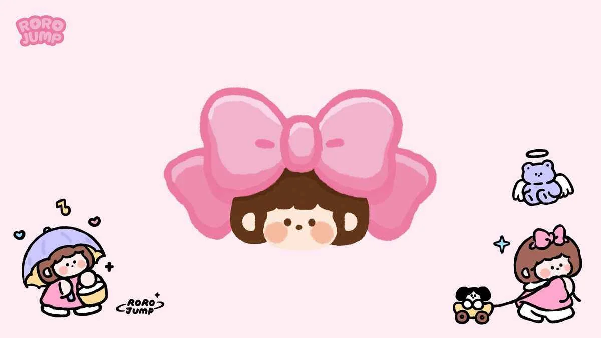 hình nền laptop phong cách chibi dễ thương với nơ hồng