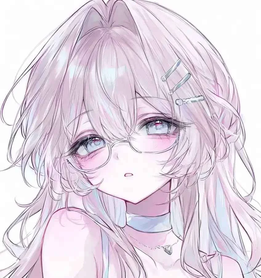 avatar anime nữ với mái tóc hồng nhạt và đeo kính cận dễ thương