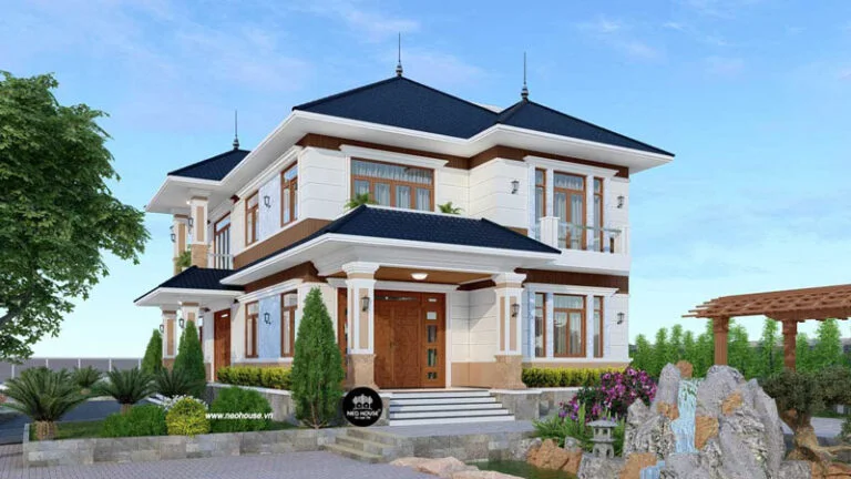 Thiết kế nhà mái ngói 2 tầng hiện đại có sân vườn đẹp