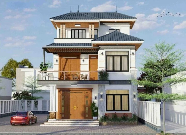 Mẫu thiết kế nhà mái ngói 3 tầng với kiến trúc hiện đại và không gian sống xanh