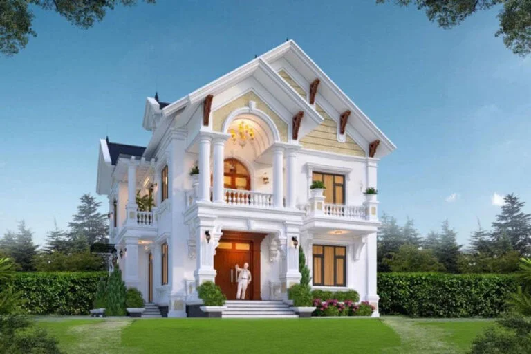 Thiết kế nhà mái ngói phong cách tân cổ điển với không gian sân vườn thoáng đãng