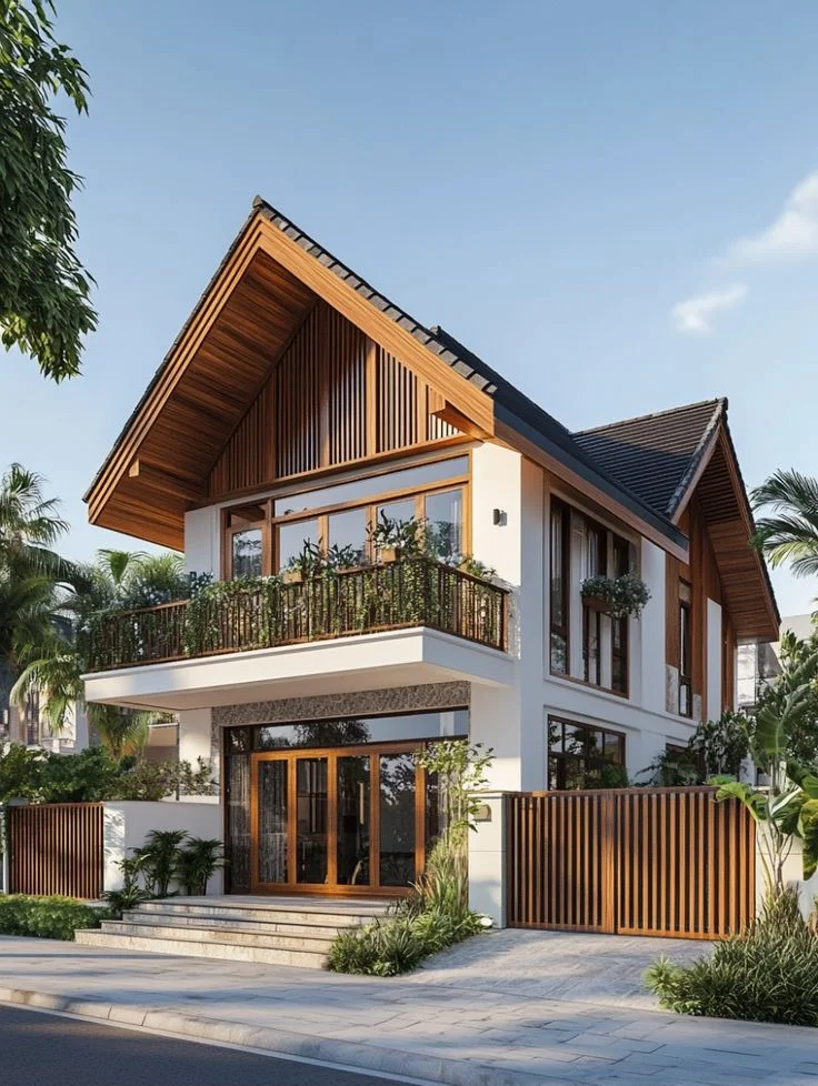 Nhà mái ngói thiết kế gỗ hiện đại