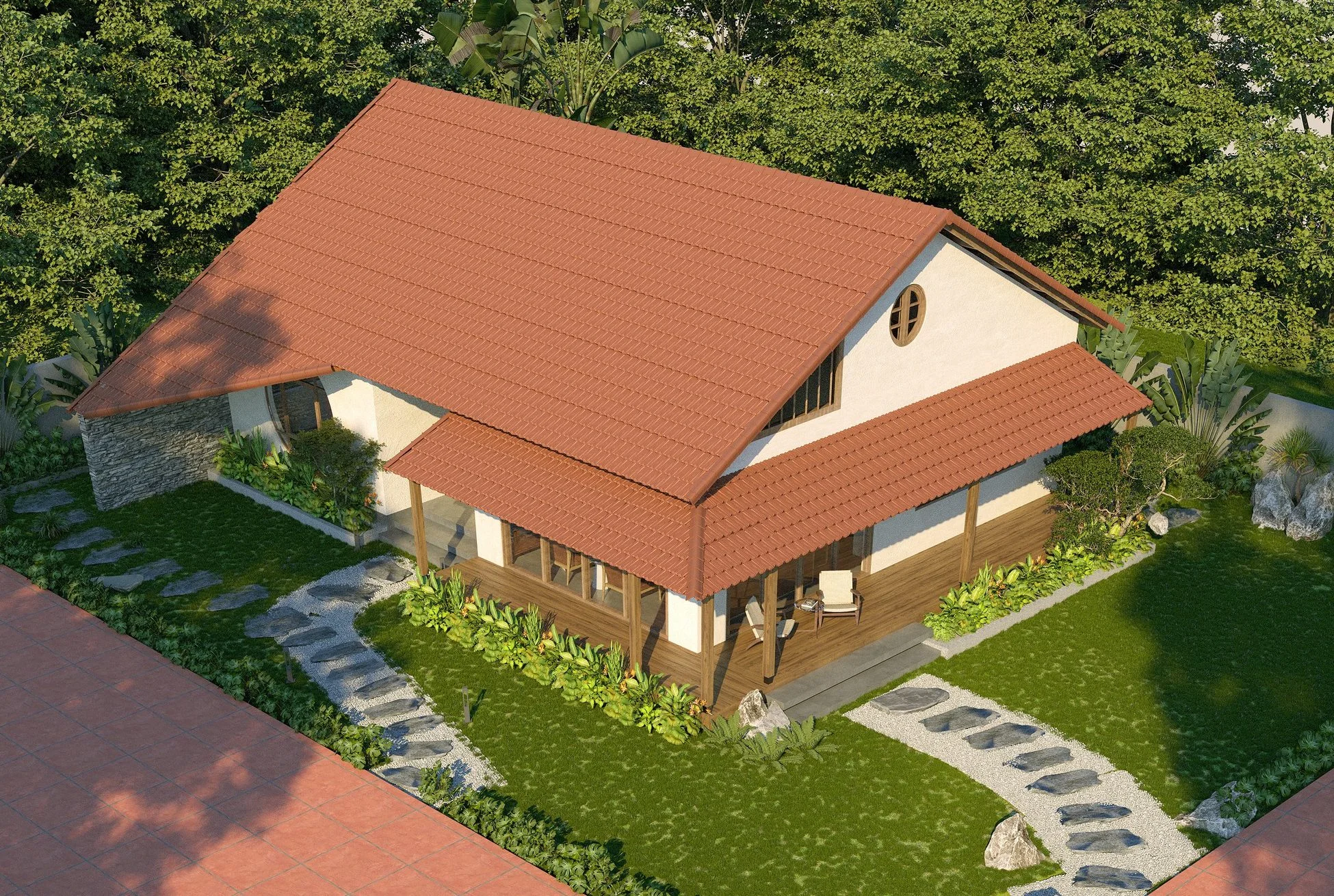 Góc nhìn từ trên cao xuống mái ngói của ngôi nhà vườn