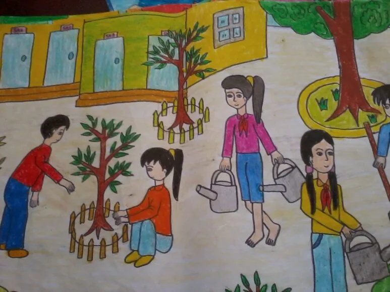 Tranh vẽ bảo vệ môi trường chăm sóc cây của các bạn học sinh