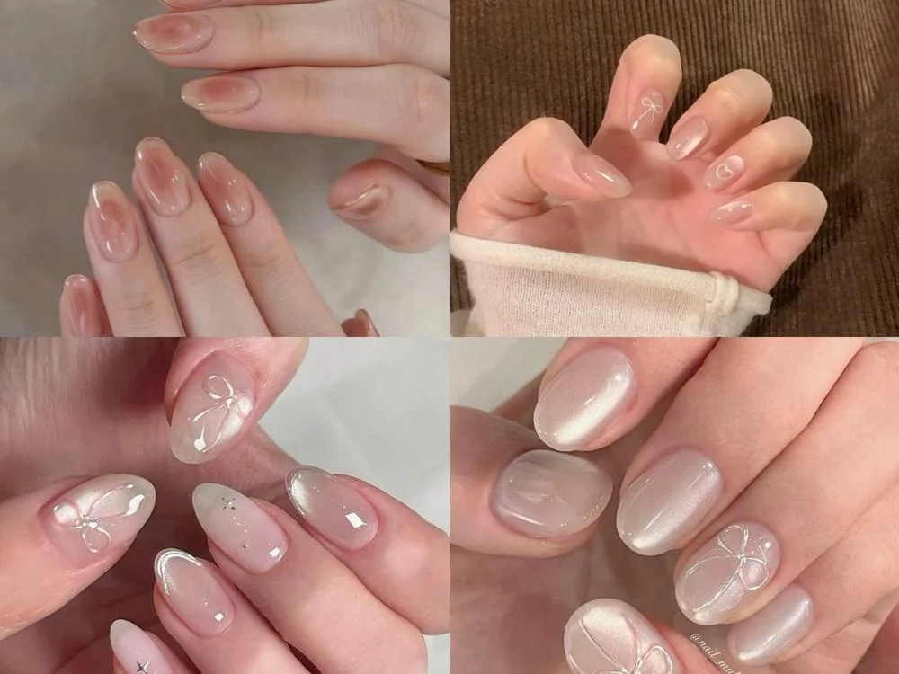 Nail tay nude hồng bóng tự nhiên tinh tế